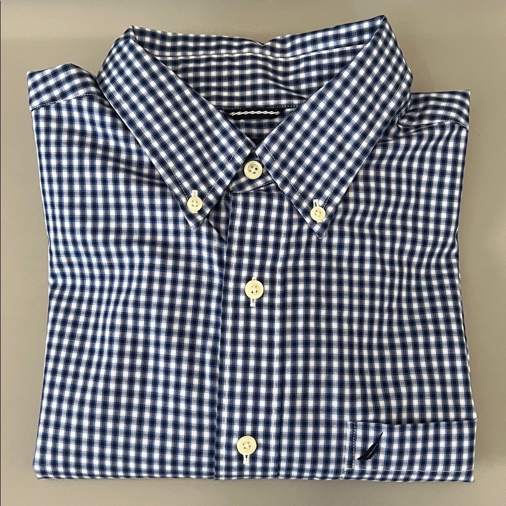 Nautica Cotton Button Down Long Sleeve Shirt Blue Plaid Size Large
